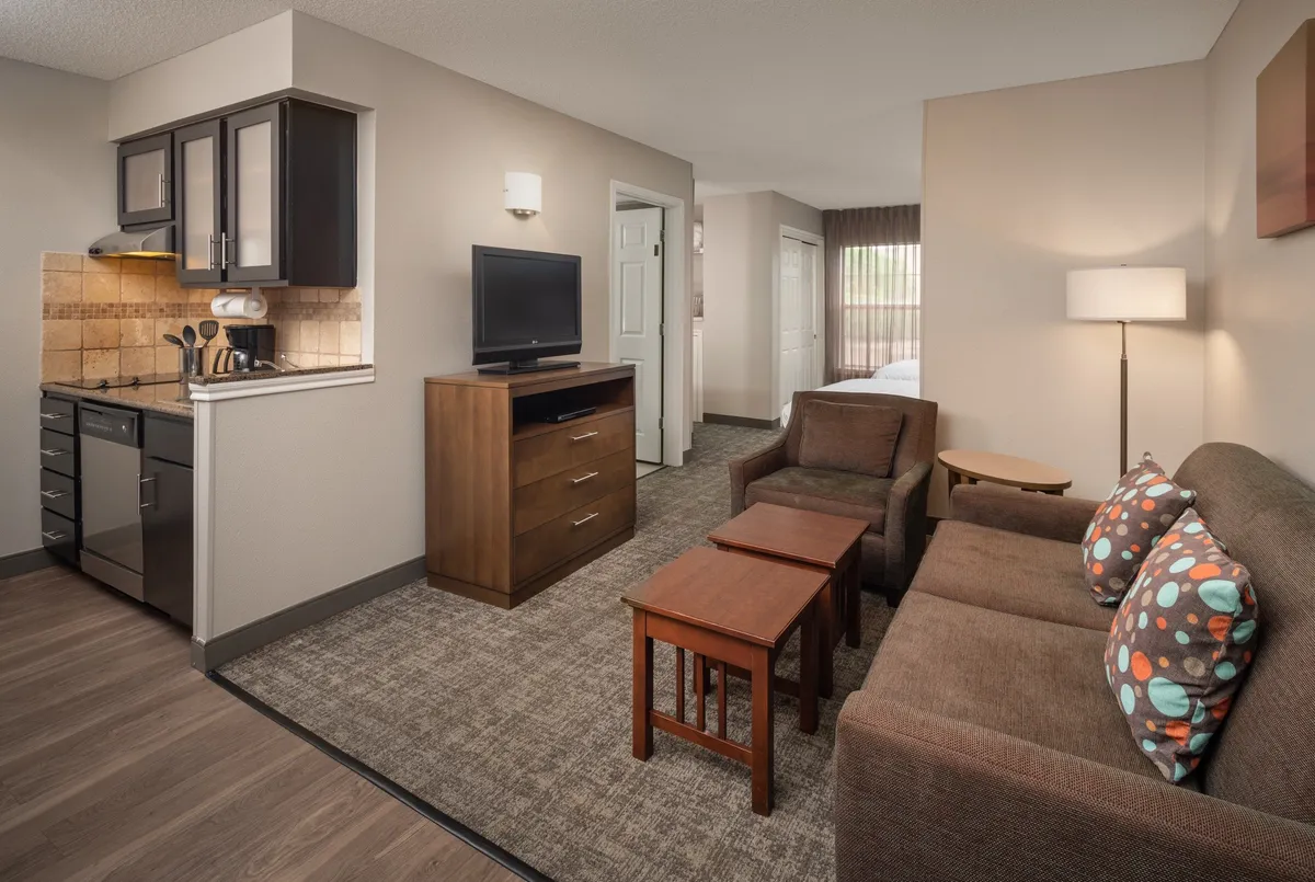 Inviting studio interior with a sofa adorned with colorful pillows, modern wooden coffee tables, a compact kitchenette, and a television unit. The space is arranged for relaxation, entertainment, and light cooking, highlighting versatility and comfort.